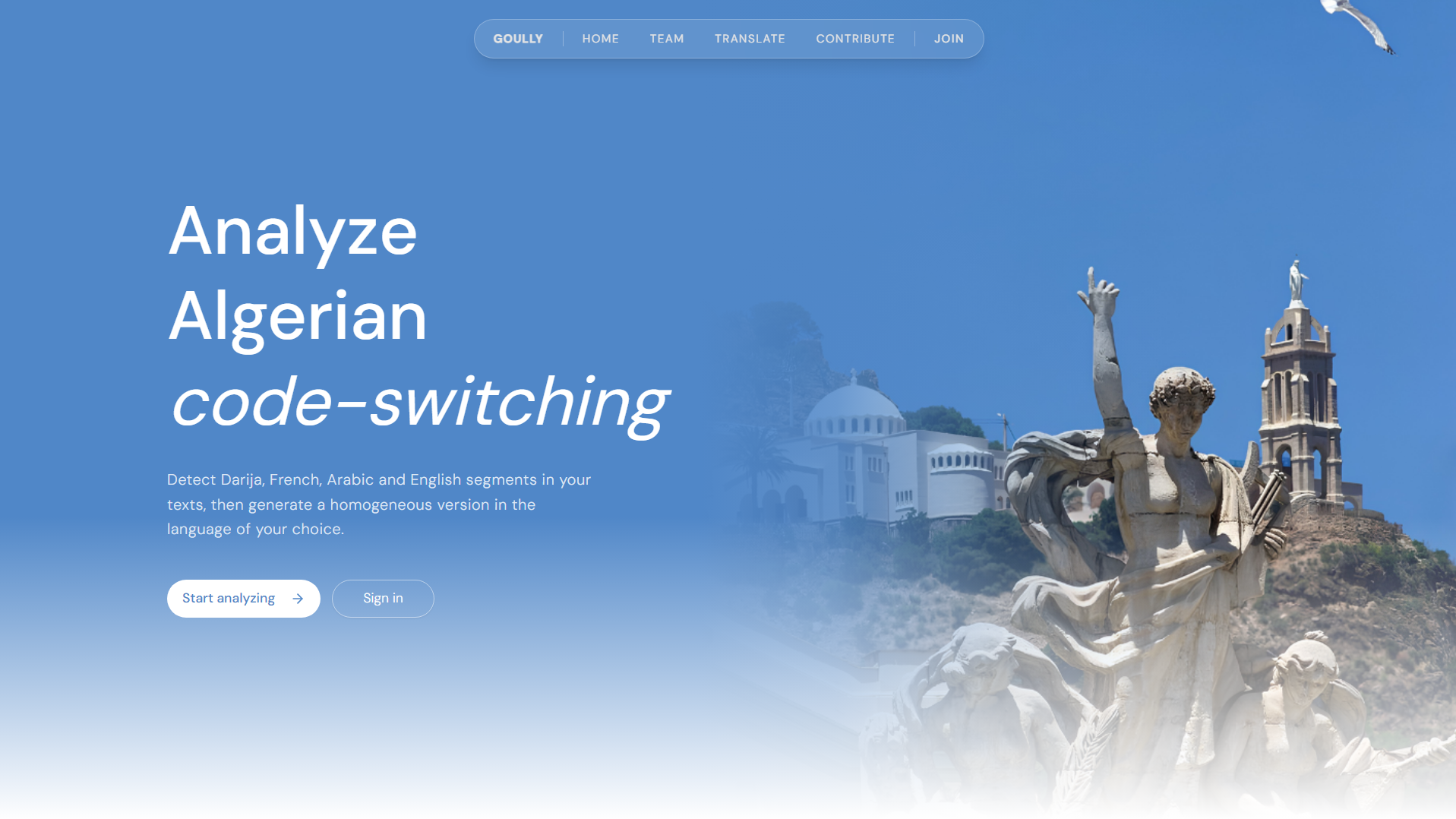 Goully landing page — Analyze Algerian code-switching hero screen
